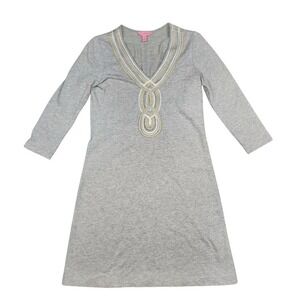 Lilly‎ Pulitzer Knit Dress Gray Gold Sz XS  Embellished V Neck Casual